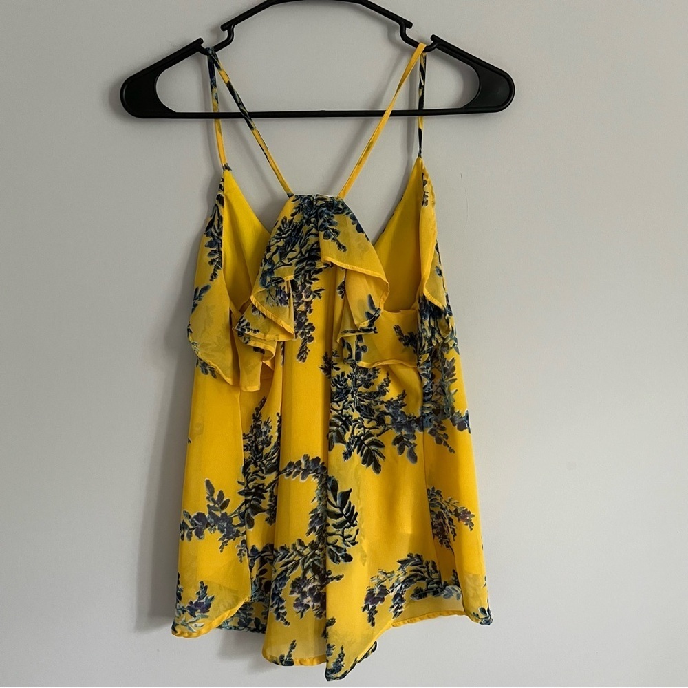 Japna Yellow Blue Floral Tank Top Small | Spaghetti Strap Racerback Ruffle - Picture 2 of 4